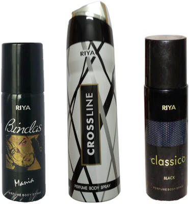 

Riya 1 BINDAS MANIA DEODORANT 150ML+ 1 CROSS LINE DEODORANT 200ML+ 1 CLASSICO BLACK DEODORANT 150ML Deodorant Spray - For Men & Women(150 ml, Pack of 3)