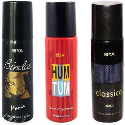 

Riya BINDAS MANIA+ HUM TUM+ CLASSICO BLACK Deodorant Spray - For Men & Women(150 ml, Pack of 3)
