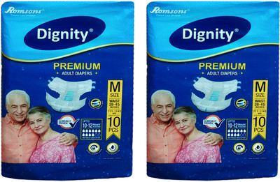 

ROMSONS DIGNITY PREMIUM ADULT DIAPERS, SIZE MEDIUM, 10 Pcs. PACK, COMBO OF 2 PACKS, FOR WAIST SIZE 28-45 INCHES Adult Diapers - M(20 Pieces)