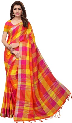 Ratnavati Striped, Checkered Bollywood Cotton Blend, Cotton Linen Saree(Red)