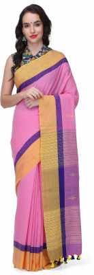 The Weave Traveller Solid/Plain Handloom Cotton Blend Saree(Pink)