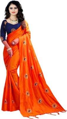 Stylish Sarees Embroidered Mysore Art Silk Saree(Orange)