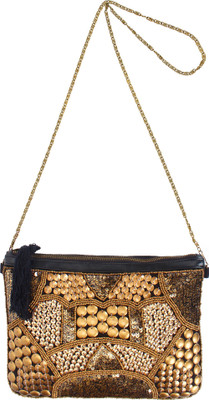 

Anekaant Women Casual Gold, Black Cotton, PU Sling Bag, Black;gold
