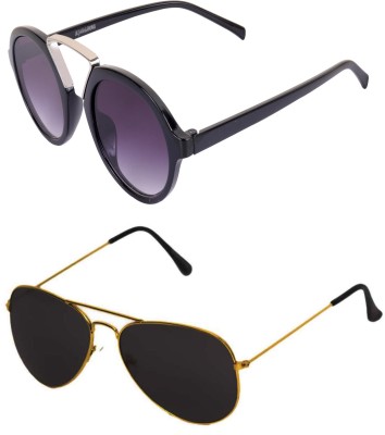 Yaadi Round, Aviator Sunglasses(For Men & Women, Black, Black)
