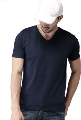 HERE&NOW Solid Men V Neck Dark Blue T-Shirt