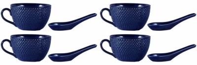 

caffeine Single Handled Soup Bowl with Four Spoon Free Ceramic/Stoneware in Blue Bubble Handmade by Caffeine-Set of 4 Ceramic Bowl Set(Blue, Pack of 4)