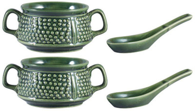 

caffeine Double Handled Soup Bowl with Spoon Ceramic/Stoneware in Green Bubble Handmade by Caffeine-Set of 2 Ceramic Bowl Set(Green, Pack of 4)