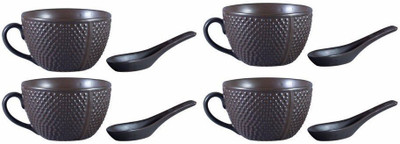 

caffeine Single Handled Soup Bowl with Four Spoon Free Ceramic/Stoneware in Brown Bubble Handmade by Caffeine-Set of 4 Ceramic Bowl Set(Brown, Pack of 4)