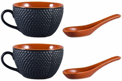 

caffeine Single Handled Soup Bowl with Two Spoon Free Ceramic/Stoneware in Black Brown Bubble Handmade by Caffeine-Set of 2 Ceramic Bowl Set(Black, Brown, Pack of 2)
