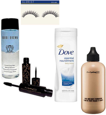 

glorist eyelash and Mac Face and Body foundation, Mascara & Eyeliner 2 in 1, Bobbi Brown Instant Long Wear Makeup Remover, dove essential nourishment body lotion(Set of 6)