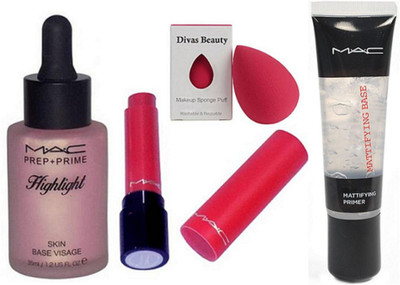 

divas beauty Sponge Puff With Mac Prep+Prime HIghlighter & Liptensity Lipstick, Mattifying Base Face Primer Gel(Set of 4)