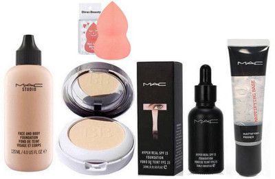 

divas beauty Sponge Puff With Hyper Real SPF 15 Foundation, Face & Body Foundation, Eyelashes & Radiant White Fairness Compact, Mattifying Base Face Primer Gel(Set of 5)