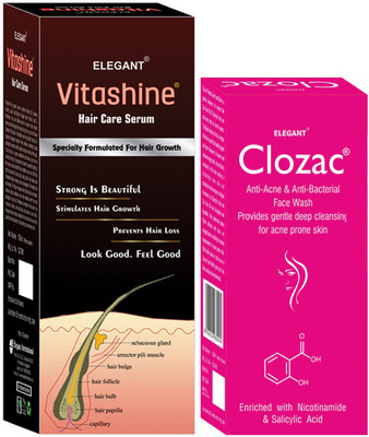 

Elegant VItashine Hair Care Serum 100ml With Clozac Anti - Acne & Anti - Bacterial Face Wash 60ml(Set of 2)