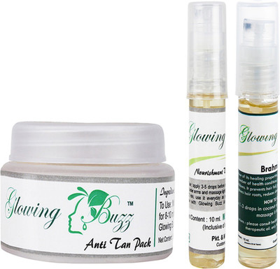 

Glowing Buzz Combo of 1 Natural Anti Tan Pack for Face, Dark Under Arms and Hands, 1 Nourishment Vitamin E Oil and 1 Brahmi Essential Oil(Set of 3)