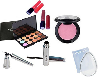 

importedd Silicon Puff&Mac 15 Shade Concealer Palette&Brooke Candy Eyeliner&Mascara&Liptencity Lipstick Pack Of 2&Mac Blusher(Set of 7)