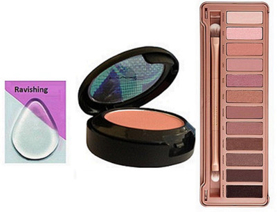 

ravishing silicon puff, Naked 2 eye shadow palette in 12 shades , Mac blusher compact(Set of 3)