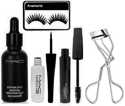 

anamaria Eyelashes & Mac Hyper Real Foundation & Waterproof Eyeliner+Mascara With Eyelashes Curler(Set of 5)