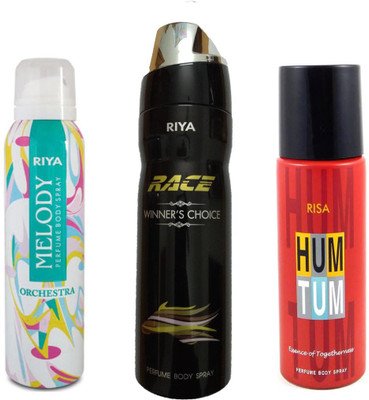 

Riya 1 MELODY DEODORANT 150ML+ 1 RACE WINNER'S CHOICE DEODORANT 200ML+ 1 RISA HUM TUM DEODORANT 150ML Deodorant Spray - For Men & Women(150 ml, Pack of 3)