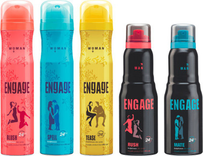 

Engage Blush + Spell + Tease + Rush + Mate Body Spray - For Men & Women(750 ml, Pack of 5)