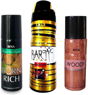 

Riya BORN RICH+ PARTY WEAR BOOM+ WOODY Deodorant Spray - For Men & Women(150 ml, Pack of 3)