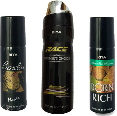 

Riya 1 BORN RICH DEODORANT 150ML+ 1 RACE WINNER'S CHOICE DEODORANT 200ML+ 1 BINDAS MANIA DEODORANT 150ML Deodorant Spray - For Men & Women(150 ml, Pack of 3)