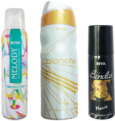 

Riya MELODY PERFUME BODY SPRAY 150ML+BLANCHE PERFUME BODY SPRAY 200ML+BINDAS MANIA PERFUME BODY SPRAY 150ML Deodorant Spray - For Men(150 ml, Pack of 3)