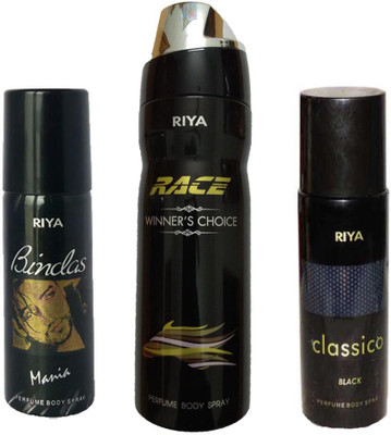 

Riya 1 BINDAS MANIA DEODORANT 150ML+ 1 RACE WINNER'S CHOICE DEODORANT 200ML+ 1 CLASSICO BLACK DEODORANT 150ML Deodorant Spray - For Men & Women(150 ml, Pack of 3)