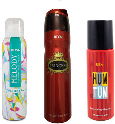 

Riya 1 MELODY DEODORANT 150ML+ 1 PRINCESS DEODORANT 200ML+ 1 RISA HUM TUM DEODORANT 150ML Deodorant Spray - For Men & Women(150 ml, Pack of 3)