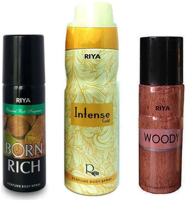 

Riya BORN RICH+ INTENSE GOLD+ WOODY Deodorant Spray - For Men & Women(150 ml, Pack of 3)