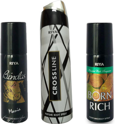 

Riya 1 BORN RICH DEODORANT 150ML+ 1 CROSSLINE DEODORANT 200ML+ 1 BINDAS MANIA DEODORANT 150ML Deodorant Spray - For Men & Women(150 ml, Pack of 3)