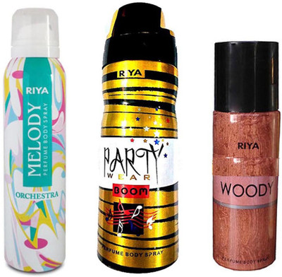 

Riya WOODY+ PARTY WEAR BOOM+ MELODY Deodorant Spray - For Men & Women(150 ml, Pack of 3)