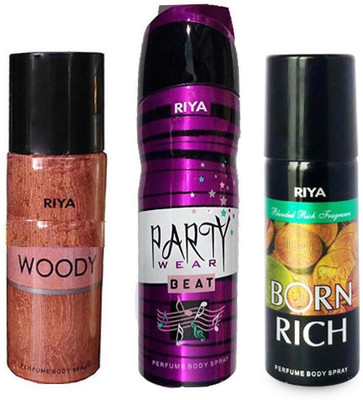 

Riya BORN RICH+ PARTY WEAR BEAT+ WOODY Deodorant Spray - For Men & Women(150 ml, Pack of 3)