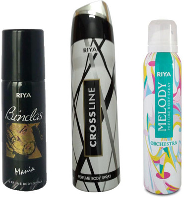 

Riya 1 MELODY DEODORANT 150ML+ 1 CROSS LINE DEODORANT 200ML+ 1 BINDAS MANIA DEODORANT 150ML Deodorant Spray - For Men & Women(150 ml, Pack of 3)