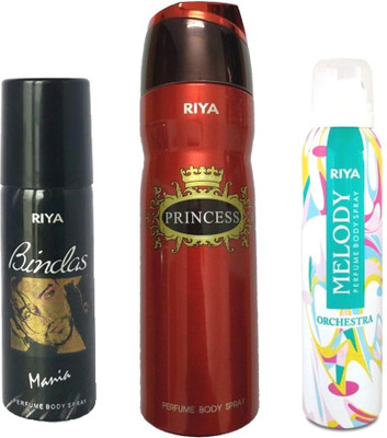 

Riya 1 MELODY DEODORANT 150ML+ 1 PRINCESS DEODORANT 200ML+ 1 BINDAS MANIA DEODORANT 150ML Deodorant Spray - For Men & Women(150 ml, Pack of 3)