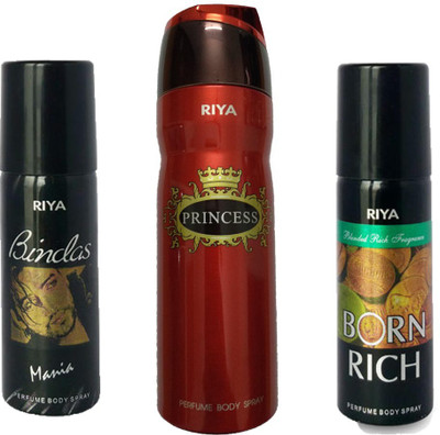 

Riya 1 BORN RICH DEODORANT 150ML+ 1 PRINCESS DEODORANT 200ML+ 1 BINDAS MANIA DEODORANT 150ML Deodorant Spray - For Men & Women(150 ml, Pack of 3)