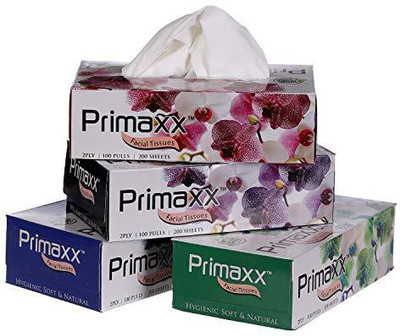 

PRIMAXX Ultra Soft White 2 Ply Face Tissue, Facial Tissues, paper napkin - 100 pulls (200 Sheets, Pack of 4 box) for car, office, home, party(Pack of 400)