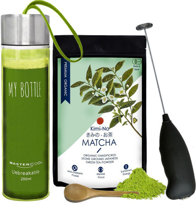

KimiNo Organic Matcha Green Tea- Holiday Combo Kit- (Recipe EBook + Wooden Spoon + Electric Whisk + Carry Bottle)- 50 Grams Combo(Matcha Green Tea- 50 Grams)