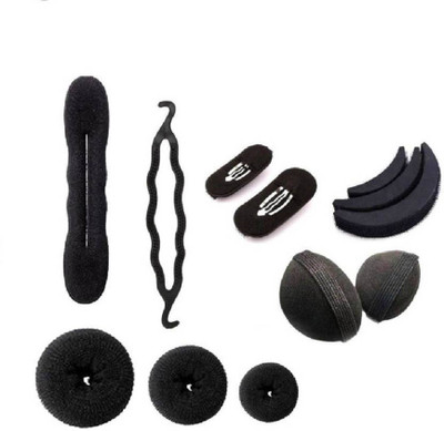 

Ambika Hair Accessories Combo Puff Bumpits 8 Pieces With 3 Piece Different Size Donut Buns, 2 Magic Bun Maker Hair Accessory Set Bun, Tic Tac Clip(Black)