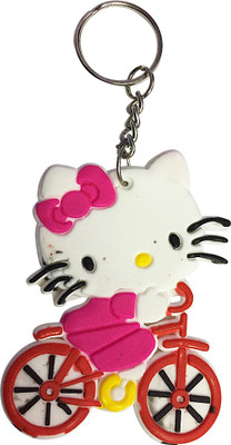 OMAYA Cute Kitty Ridding Cycle Rubber Keychain (Multicolor) Keychain Keyring Key Chain