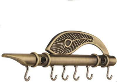 AnEk goods Lord Krishna'S Flute & Peacock Quills Key Stand Key Holder Cast Iron Key Holder(6 Hooks, Gold)