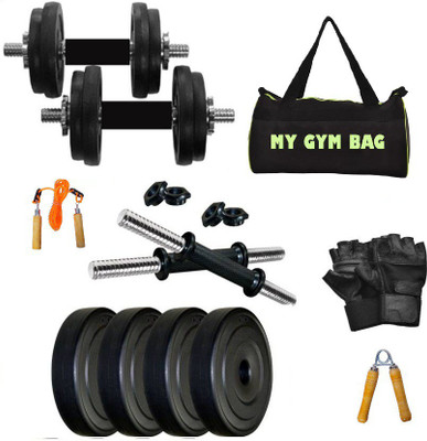 

Monika Sports 4 plates of 2.5 kg each + 2 dumbell rod + gym bag+gym gloves + hand grip + skipping rope for exercise Home Gym Kit