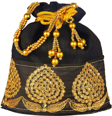 

Dms Retail Rajasthani Potli Bag With Drawstrings For Wedding Black Potli(Black)