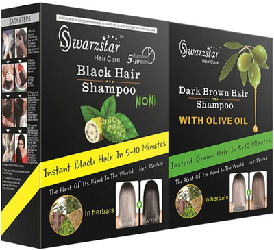 

Swarzstar BLACK HAIR COLOUR SHAMPOO & DARK BROWN COLOUR SHAMPOO 2 BOX IN 10 POUCH(500 ml)