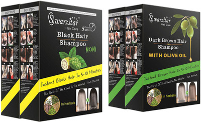 

Swarzstar BLACK HAIR SHAMPOO -2 & DARK BROWN COLOUR SHAMPOO -2 (4 BOX IN 20 POUCH)(500 ml)