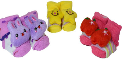 

N3 Baby Care Combo of Booties/Socks 3 Pairs Booties(Toe to Heel Length - 10 cm Yellow, Purple, Pink), Pink;purple;yellow