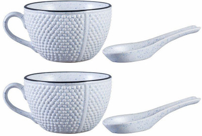 

caffeine Single Handled Soup Bowl with Two Spoon Free Ceramic/Stoneware in White Bubble Handmade by Caffeine-Set of 2 Ceramic Bowl Set(White, Pack of 2)
