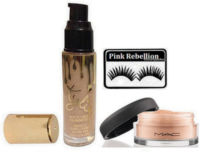 

Pink Rebellion Eyelashes & Kylie Matte Liquid Foundaiton & Weightless & Mac Loose Powder(Set of 3)