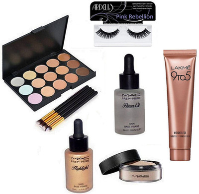 

Pink rebellion Eyelashes & Mac 15 shade Concealer Palette & Skin Base Highlight & Prep+Prime Primer Oil & Loose powder With Makeup Brush & Lakme 9 To 5 Mousse Foudation(Set of 10)