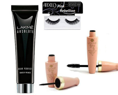 

Pink rebellion Eyelashes & Mac 88 Shades Eyeshadow Palette & Lakme 9 to 5 Eyeliner+Mascara & Lakme Blur Perfect Makeup Primer(Set of 4)