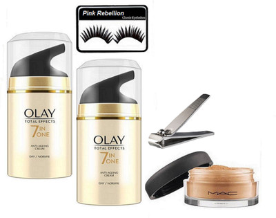 

Pink Rebellion Eyelashes & Olay Anti Ageing Day Cream (Pack of 2) & Mac Loose Powder With Nail Clipper(Set of 5)